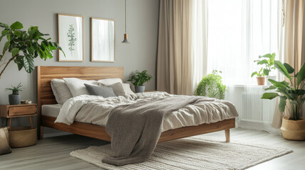 cozy bedroom featuring wooden bed with soft bedding, surrounded by lush green plants and natural light streaming through large windows. serene atmosphere invites relaxation and comfort. 