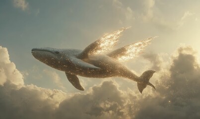 Naklejka premium A whale with wings flies through the clouds.