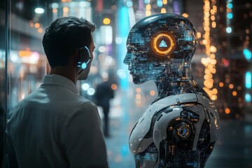 Naklejka premium Engineer observing transparent futuristic robot with glowing circuits in modern city at night