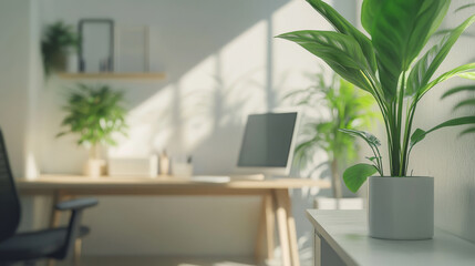 Fototapeta premium bright and modern office space featuring stylish desk, computer, and lush green plants that create refreshing atmosphere. sunlight casts beautiful shadows, enhancing serene environment. 
