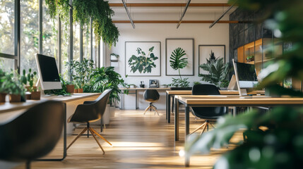 modern workspace filled with greenery, featuring wooden desks, stylish chairs, and large windows that allow natural light to flood room. atmosphere is calm and inviting, perfect for productivity. 