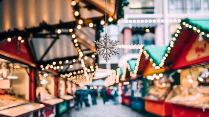 Naklejka premium Snowflake Ornament Hanging Over a Blurred Christmas Market