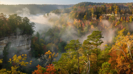 Mountain autumn forest in the fog
