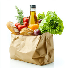 Fresh ingredients in paper bag, including tomatoes, lettuce, and olive oil, evoke sense of healthy eating and sustainability. Perfect for wholesome meal preparation. 
