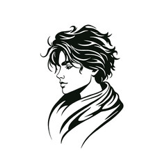 Minimalist silhouette of a young man with hair in a scarf, side profile view, white background