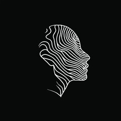 Minimalistic design of a face with contour lines made from white wavy stripes on a black background
