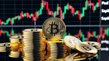 Obraz premium Monety Bitcoin na tle wykresu giełdowego