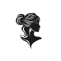 A woman's head silhouette with long, flowing hair and an updo hairstyle against a white background