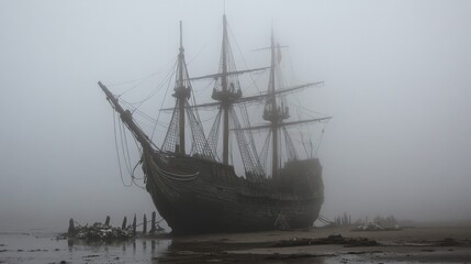 Obraz premium Ghostly Pirate Ship Anchored in the Mist