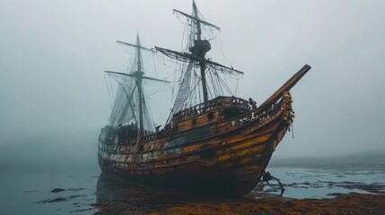 Haunting Ship Wreck Shrouded in Mist and Mystery