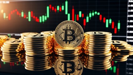 Obraz premium Monety Bitcoin na tle wykresu giełdowego