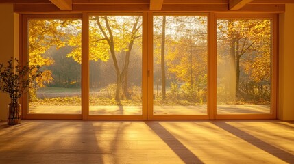 Fototapeta premium Large wooden windows with sliding glass doors show a view of autumn trees. The warm sunlight creates shadows on the wooden floor inside.