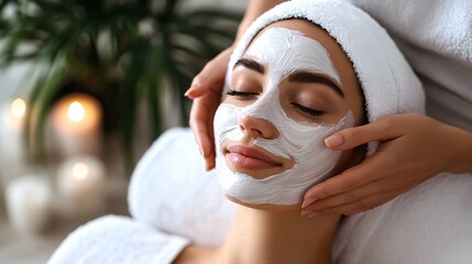 Woman Receiving Facial Treatment with Clay Mask at Spa