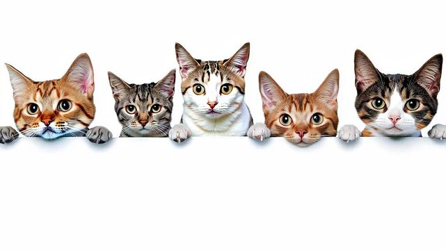 Five adorable cats peeking over a white edge with curious expressions, showcasing their playful and inquisitive nature in a clean, bright setting.