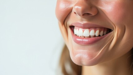 Obraz premium Laughing woman mouth with beautiful healthy white teeth on a white background. Place for text