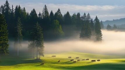 Misty Morning in a Lush Green Mountain Meadow