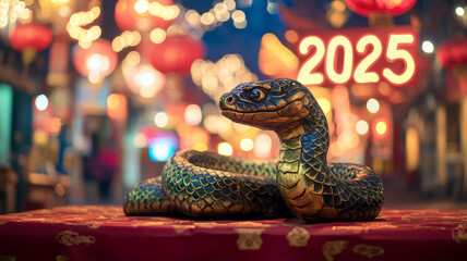 Statue of a snake in a vibrant city square decorated for the Chinese New Year 2025 celebrating the...