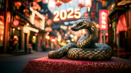 Obraz premium A stunning wooden snake statue marks the celebration of Chinese New Year 2025 in a vibrant city. Colorful lanterns illuminate the streets in festive decor.