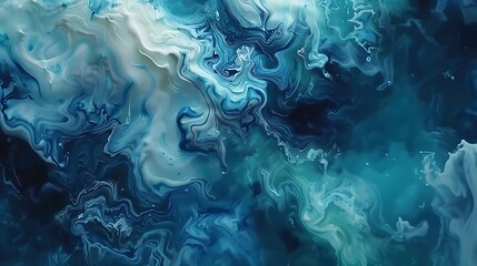 Fototapeta premium Fluid acrylic pour art with swirling blues, greens, and whites blending seamlessly, capturing the movement of paint flow in rich detail and vivid colors,