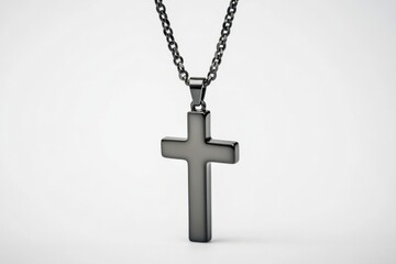 A sleek black cross pendant hangs elegantly on a chain. This stylish piece is perfect for personal expression. Suitable for daily wear or special occasions. Generative AI