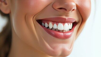 Obraz premium Laughing woman mouth with beautiful healthy white teeth on a white background. Place for text