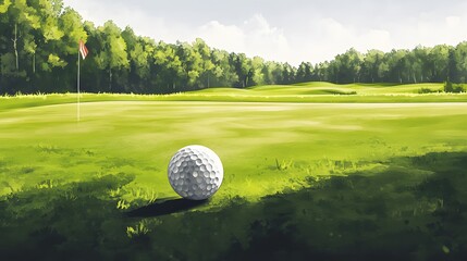 Golf ball on the green, in the style of a cartoon, simple background, oil painting, brush strokes