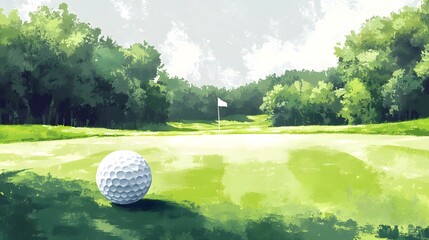 Golf ball on the green, in the style of a cartoon, simple background, oil painting, brush strokes