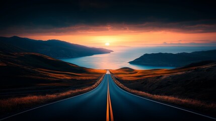 Scenic road leading to a stunning ocean view during sunset, surrounded by mountains, under a dramatic sky with vibrant hues.