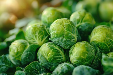 Fototapeta premium Close-up of Fresh Green Brussels Sprouts with Dewdrops