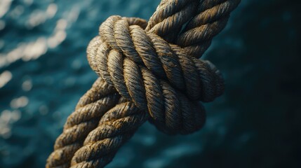 Fototapeta premium Detailed close-up of several ropes, highlighting a large knot that dominates the composition.