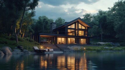 Obraz premium 3d rendering of modern house by the river at evening.