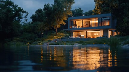 Obraz premium 3d rendering of modern house by the river at evening.