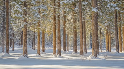 Fototapeta premium A snowy forest with tall pine trees and sunlight filtering through the branches.