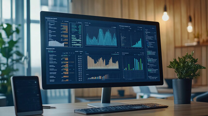 Naklejka premium A computer monitor displays charts and graphs in a modern office setting