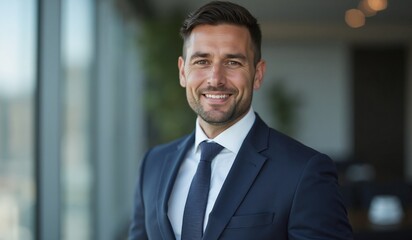 Confident businessman smiling in modern office setting with copy space