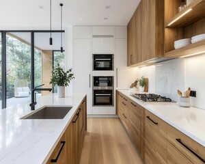 Fototapeta premium Contemporary bamboo kitchen with white marble accents, minimalist decor, soft lighting, modern ecofriendly style