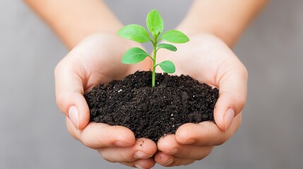 A person holding a small plant sprouting from rich soil, symbolizing growth, care, and the importance of nurturing nature.