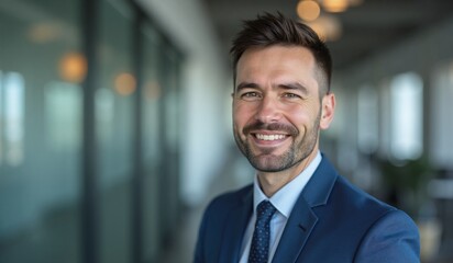 Fototapeta premium Confident businessman smiling warmly in modern office setting