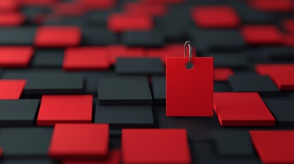 Obraz premium A striking red tag stands out amidst a background of black and red geometric shapes, symbolizing sale or promotional offers.