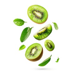 Fototapeta premium Kiwi with half slices falling or floating in the air with green leaves isolated on a white background