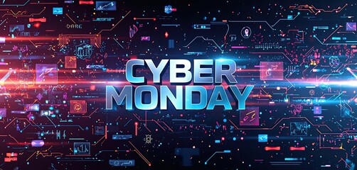 Cyber Monday digital text with colorful neon light effects on dark futuristic background. Holiday sale concept for technology, retail, and e-commerce promotions. Design for banner, poster, header.