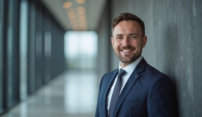 Obraz premium Businessman with friendly smile confidently posing in modern office hallway