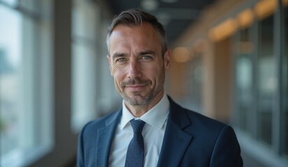 Fototapeta premium Confident businessman smiling confidently against modern office background