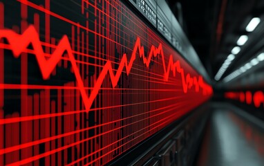 Fototapeta premium Abstract stock image of a red graph line on a digital screen, representing market trends and data analysis in technology.