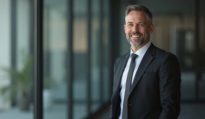 Fototapeta premium Confident businessman with friendly smile standing in modern office hallway