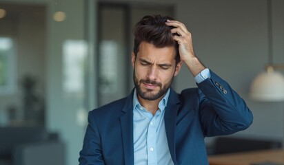 Stressed businessman with concerned expression touching head in office environment