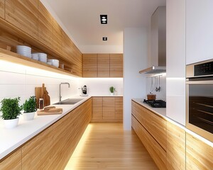 Fototapeta premium Chic bamboo kitchen, natural textures, white backsplash, recessed lighting, a cozy and sustainable cooking space