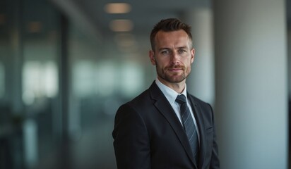 Fototapeta premium Confident businessman with determined expression standing in modern office hallway