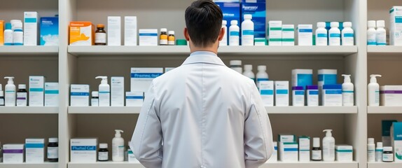 Farmaceuta stojący przed półką z lekami