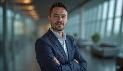 Fototapeta premium Confident businessman with determined expression standing in modern office